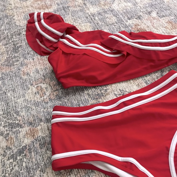 ELEGANT TASTE Red Flounce One Shoulder Bikini with High Waist Bottom Sz.S (NWOT) - Picture 2 of 11